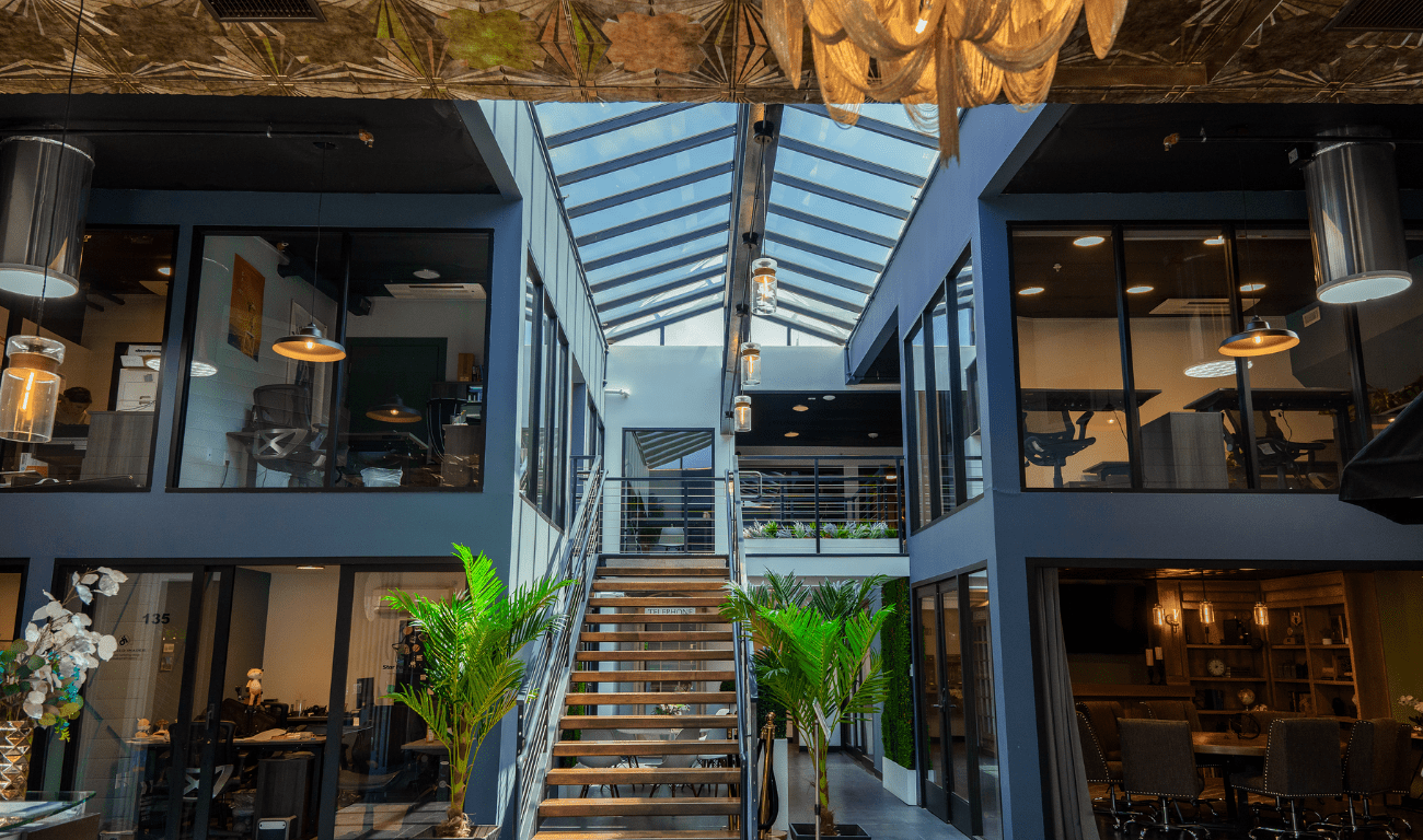 The Film Hub lobby showing the skylight, stairs, and offices