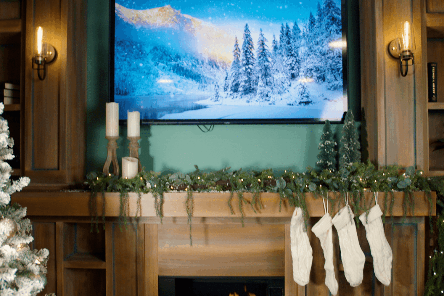 a still showcasing the completed holiday backdrop designed by Lauren Fehlhaber