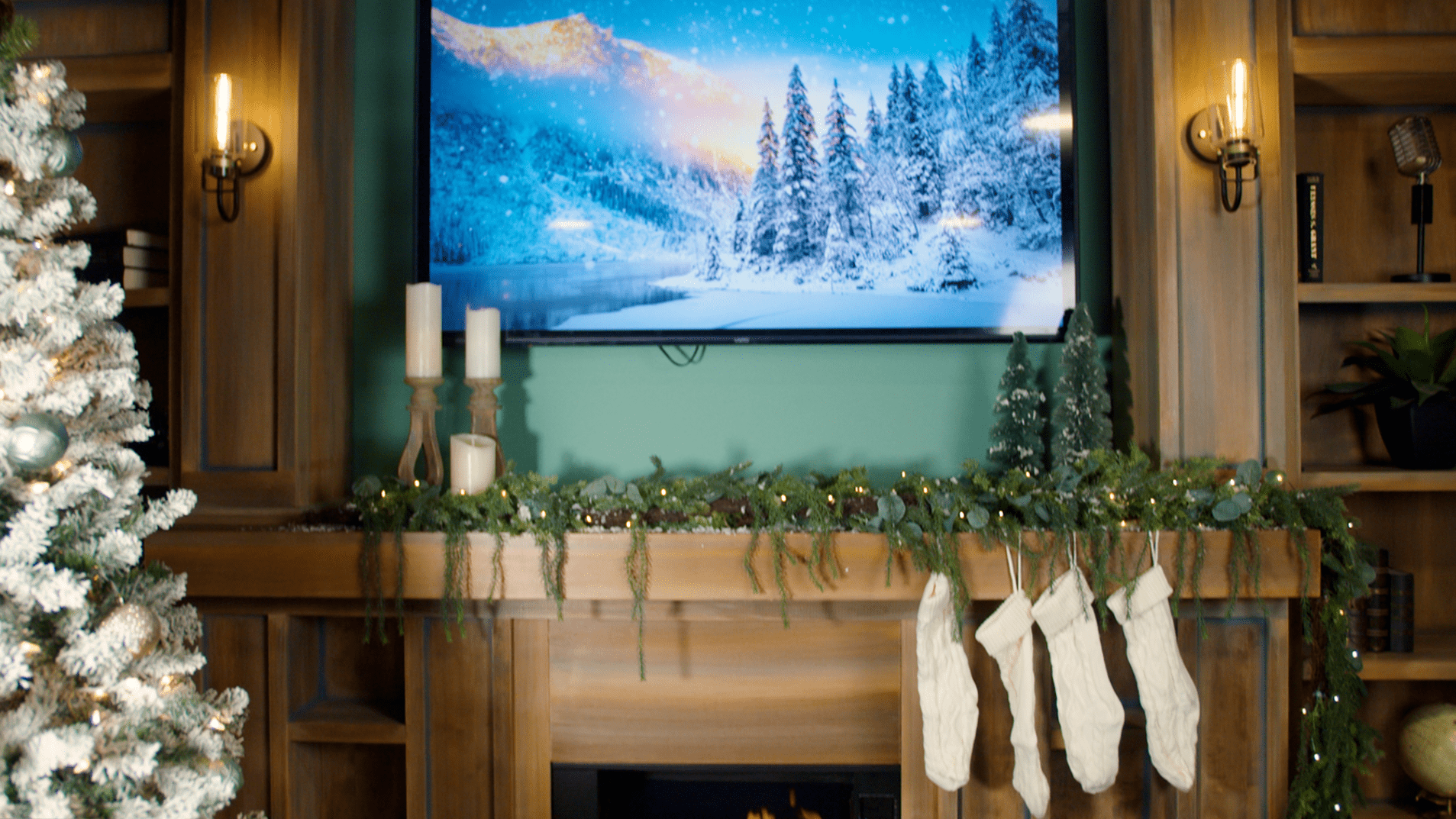 a still showcasing the completed holiday backdrop designed by Lauren Fehlhaber