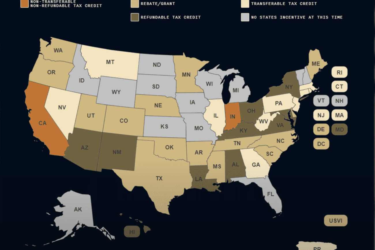 A map of the USA showing different film incentives based on states
