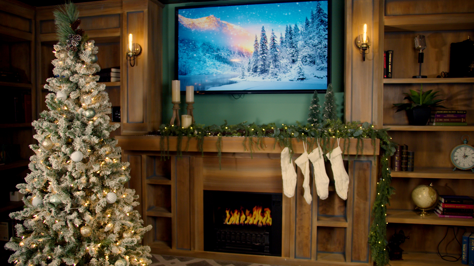 Holiday-themed set at The Film Hub, featuring a decorated Christmas tree, faux fireplace, stockings, and cozy backdrop — perfect for seasonal photo shoots, festive commercials, and holiday content production.